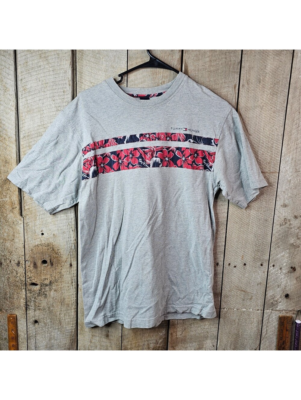 Tommy Hilfiger Men's XL Grey Floral Striped T-Shirt 100% Cotton Crew Neck